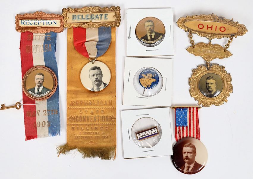 Suite of seven buttons, badges and ribbons from Theodore Roosevelt’s presidential campaign of 1904, $1,375