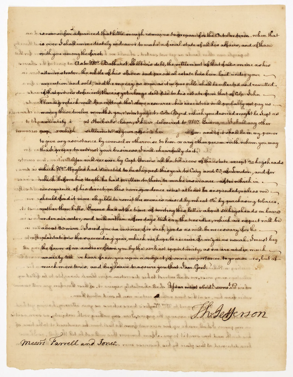 Four-page 1773 letter signed by Thomas Jefferson, estimated at $10,000-$15,000. Image courtesy of Doyle and LiveAuctioneers
