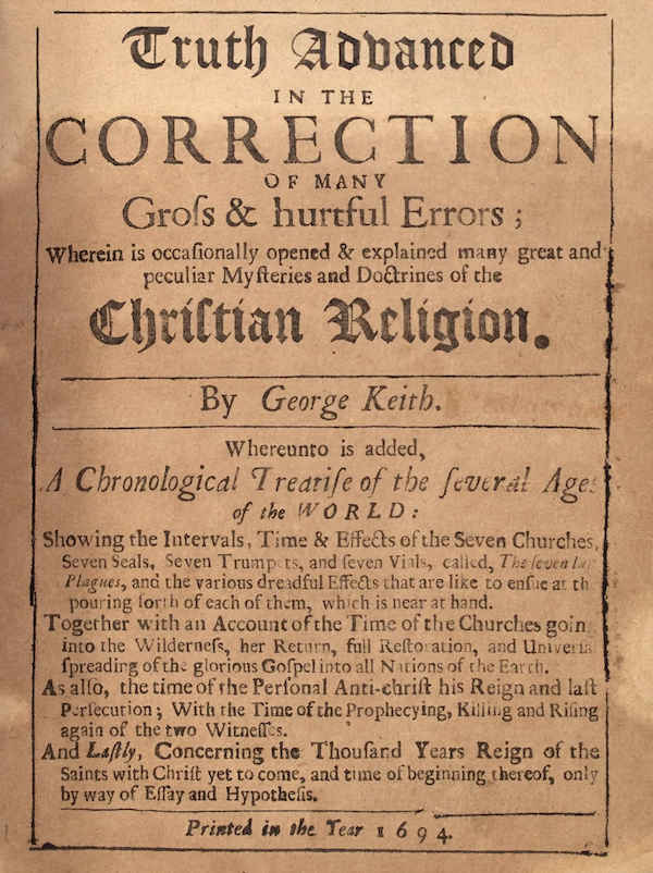 George Keith 1694 imprint on Christianity, estimated at $40,000-$60,000. Image courtesy of Doyle and LiveAuctioneers
