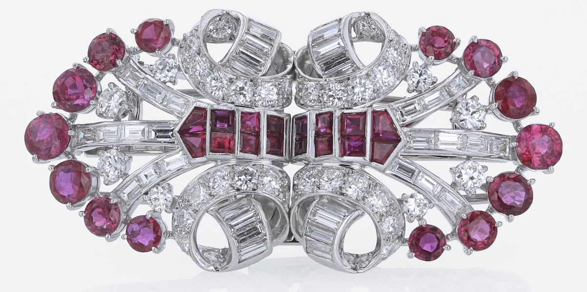 Circa-1930s Bailey, Banks & Biddle Art Deco diamond and ruby double clip brooch, estimated at $3,000-$5,000