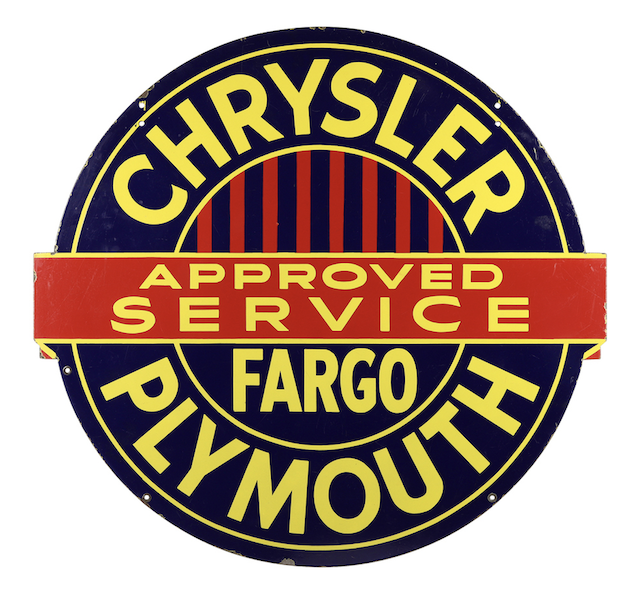 Chrysler Plymouth double-sided porcelain dealer sign, estimated at CA$4,000-$6,000
