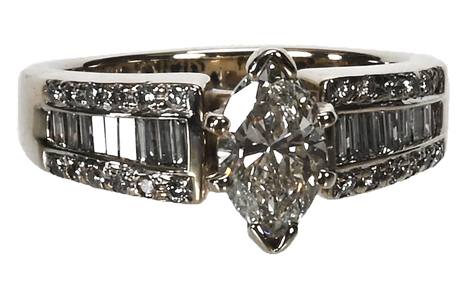14K white gold and diamond ring with a 1.1-carat marquis center diamond, estimated at $5,500-$7,000
