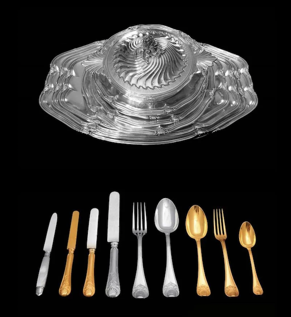 Selections from a Boin-Taburet 298-piece sterling silver and vermeil flatware set and also a 15-piece serving platter set, estimated at $86,000-$103,000