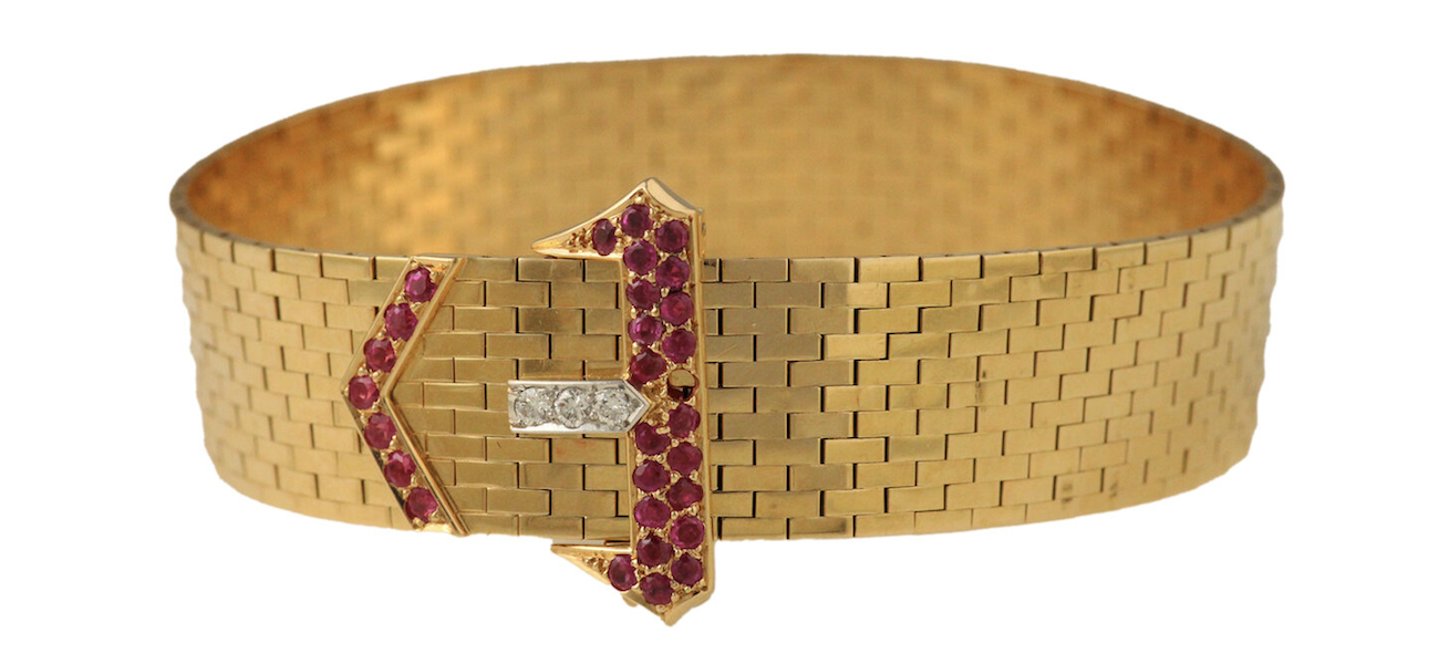 Cartier 14K gold mesh buckle bracelet with rubies, estimated at $3,000-$5,000
