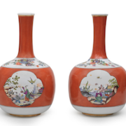 Pair of 1735 Meissen red-ground bottle vases, estimated at £120,000-£180,000. Image courtesy of Bonhams