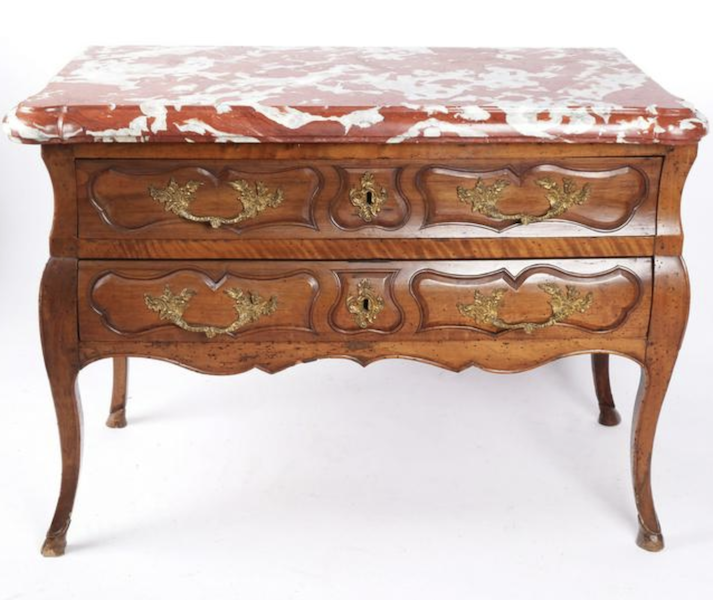 French Regence walnut chest with marble top, previously owned by Consuelo Vanderbilt Balsan, estimated at $4,000-$6,000