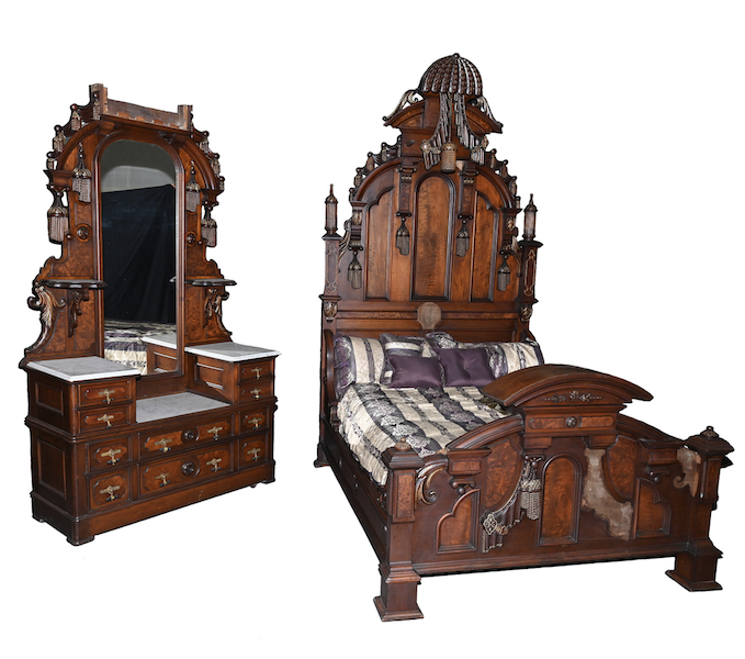 Two-piece American walnut bedroom set in the Renaissance Tassel pattern, $14,000
