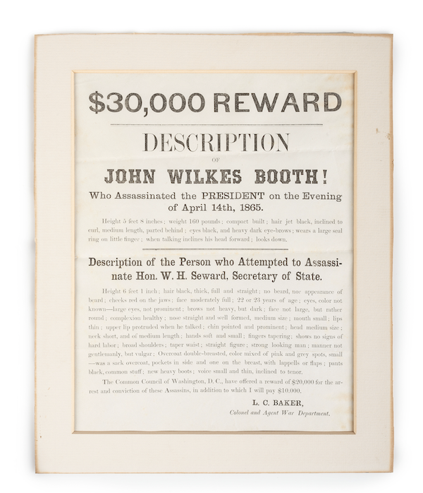 Reward broadside for John Wilkes Booth, reflecting the original sum offered, $31,250