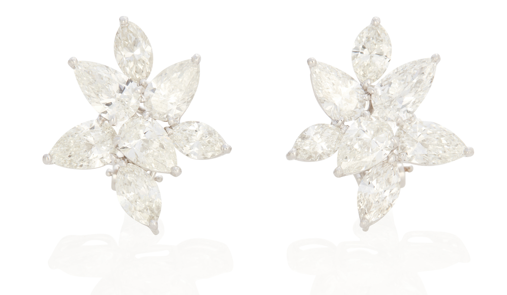 Platinum, 18K white gold and diamond cluster ear clips, estimated at $30,000-$40,000 