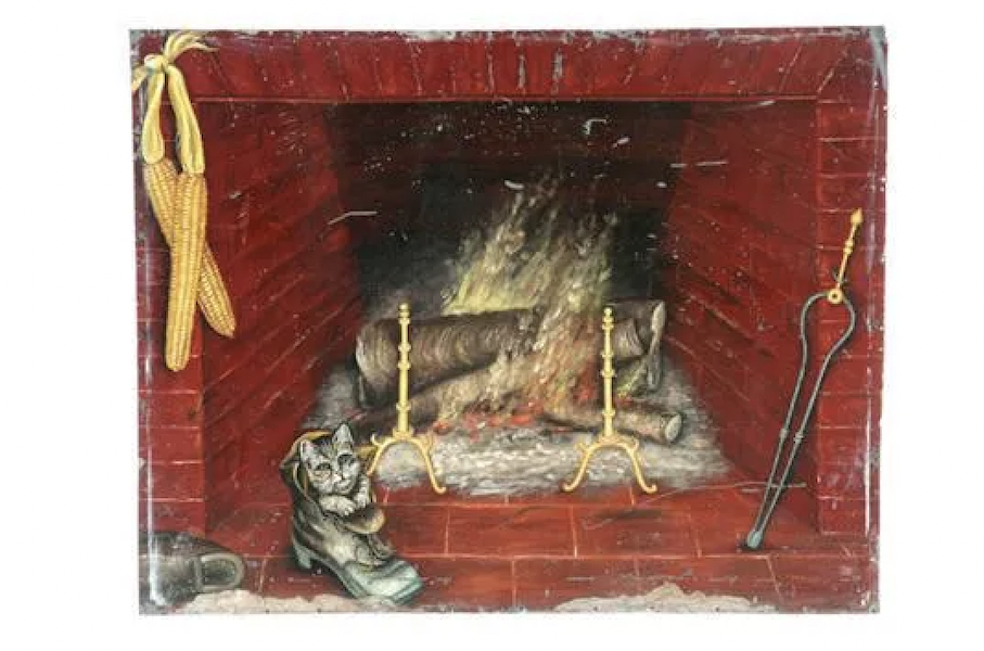 Unusual folk art fireplace board dating to around 1880, estimated at $2,000-$2,500