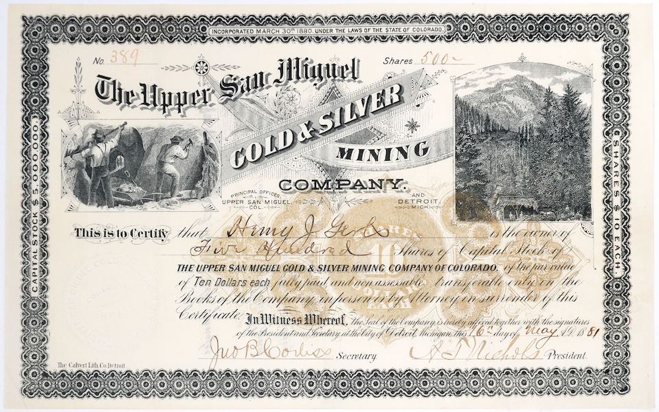 1881 Stock certificate for the Upper San Miguel Gold & Silver Mining Company, $1,220
