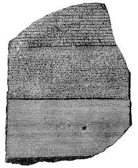 The famed Rosetta Stone as it appeared in a 1922 book of the same name published by the British Museum. As the world marks the bicentenary of the translation of the hieroglyphs on the stone, Egyptians are calling for it to be returned to their country. Image courtesy of Wikimedia Commons, which regards the image as being in the public domain in the United States because it was published or registered with the U.S. Copyright Office before January 1, 1927.
