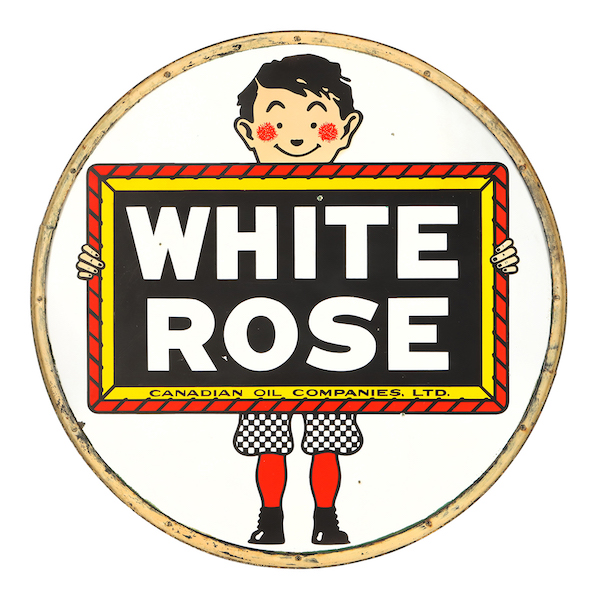 1940s Canadian White Rose Gasoline double-sided porcelain sign with Slate Boy graphic, CA$11,210