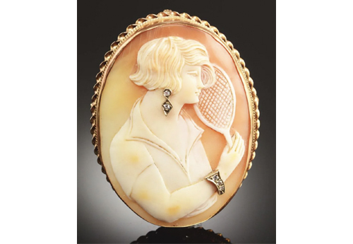 This 14K gold and diamond tennis-themed shell cameo achieved $5,500 plus the buyer’s premium in August 2018. Image courtesy of Dan Morphy Auctions and LiveAuctioneers.