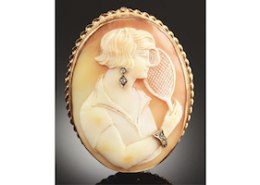 This 14K gold and diamond tennis-themed shell cameo achieved $5,500 plus the buyer’s premium in August 2018. Image courtesy of Dan Morphy Auctions and LiveAuctioneers.