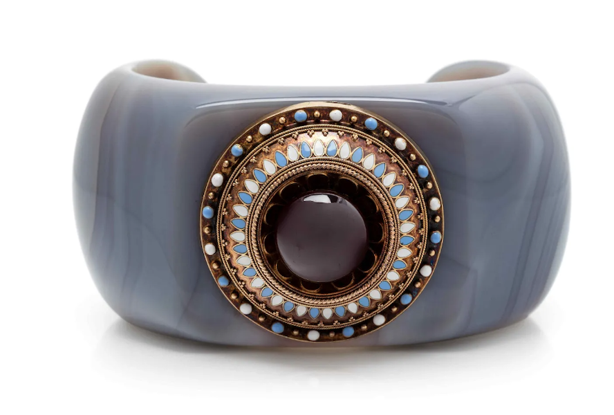 This Verdura agate, garnet and enamel cuff bracelet realized $15,000 plus the buyer’s premium in September 2021. Image courtesy of Hindman and LiveAuctioneers.