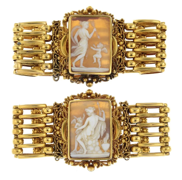 A pair of early Victorian gold shell cameo bracelets with images of Venus disarming Cupid went for $3,016 in April 2018. Image courtesy of Fellows and LiveAuctioneers.