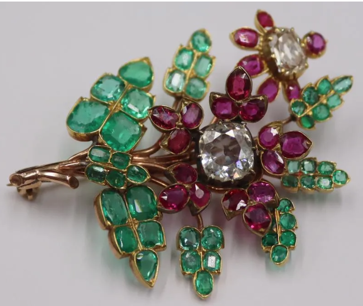 14K gold, diamond, ruby and emerald floral spray brooch, $22,500