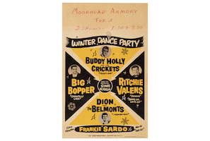 On November 11, a Winter Dance Party poster for a concert featuring Buddy Holly, Ritchie Valens and the Big Bopper, dated February 3, 1959 – the day they died together in a plane crash on the way to the show – sold for $447,000 and a new world auction record for any original concert poster. Image courtesy of Heritage Auctions