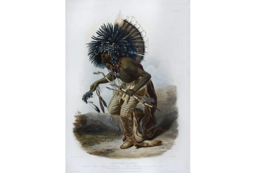A highly desirable portrait by Karl Bodmer is ‘Pehriska Ruhpa - Moennitarri Warrior in the Costume of the Dog Danse.’ This aquatint achieved $40,000 plus the buyer’s premium in October 2020. Image courtesy of Arader Galleries and LiveAuctioneers.