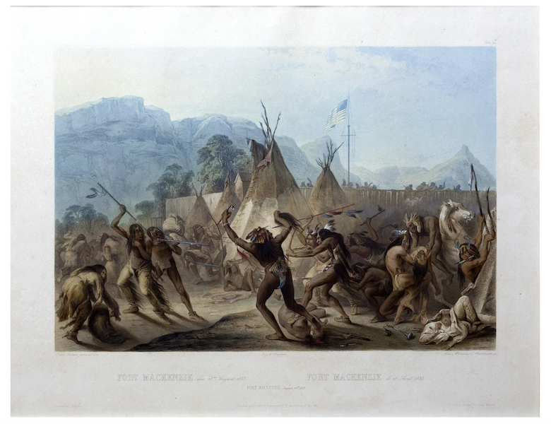 Witnessing a surprise attack on a Blackfoot camp by two other Native groups inspired Karl Bodmer to create ‘Fort McKenzie,’ a hand-colored aquatint engraving that realized $9,500 plus the buyer’s premium in June 2021. Image courtesy of Arader Galleries and LiveAuctioneers.