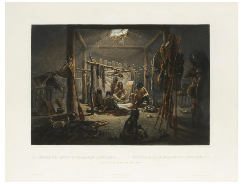 A hand-colored Karl Bodmer aquatint engraving, ‘The Interior of the Hut of a Mandan Chief,’ made $8,500 plus the buyer’s premium in September 2019. Image courtesy of John Moran Auctioneers, Inc. and LiveAuctioneers.