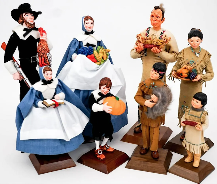 A group of eight Simpich Thanksgiving character dolls earned $1,000 plus the buyer’s premium in July 2022. Image courtesy of Grant Zahajko Auctions, LLC and LiveAuctioneers.