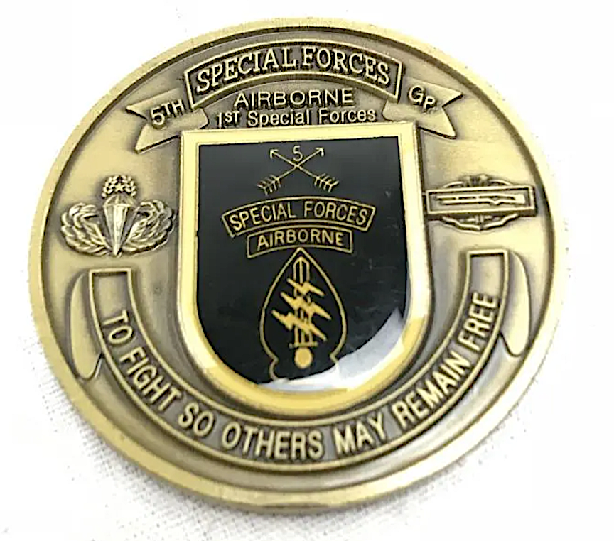 A US Army 5th Special Forces Group (Airborne) 1st Battalion challenge coin, awarded to “B. Desirable,” realized $80 plus the buyer’s premium in February 2019. Image courtesy of Rapid Estate Liquidators and Auction Gallery and LiveAuctioneers.