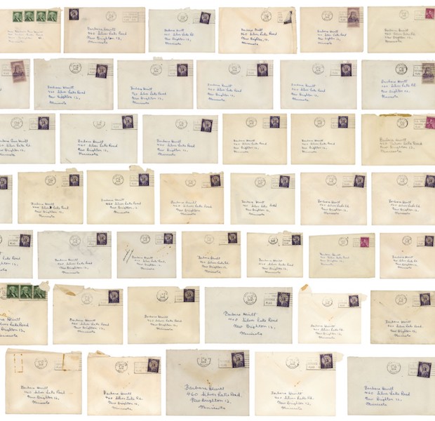 All 42 love letters survive with their envelopes, hand-addressed by Dylan and signed “Bob” on the flap. The archive sold for $669,875 on November 17. Image courtesy of RR Auction and © the estate of Barbara Hewitt