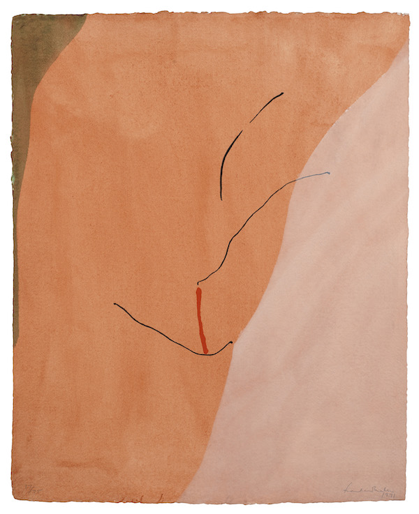 Helen Frankenthaler (American, 1928-2011), ‘Sanguine Mood,’ 1971, Edition 17/75, Pochoir and screenprint on paper, 22 9/16 by 18 1/8in. (57.79 by 46.04cm). Bowdoin College Museum of Art, Brunswick, Maine, gift of the Helen Frankenthaler Foundation, 2019.28.2.9 © 2022 Helen Frankenthaler Foundation, Inc. / Artists Rights Society (ARS), New York / Women's Board Commission, San Francisco Museum of Art (SFMOMA). Photography by Tim Pyle, Blue Light Studio.