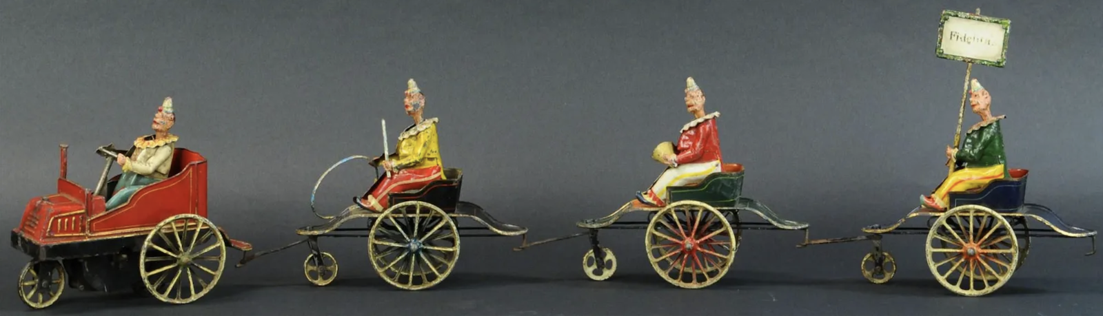 Very rare and important Marklin Fidelitas clown train, 37in long, complete with all original paint. Provenance: UK collection where it has resided for the past half-century. Sold within estimate for $84,000. Image courtesy of Bertoia Auctions