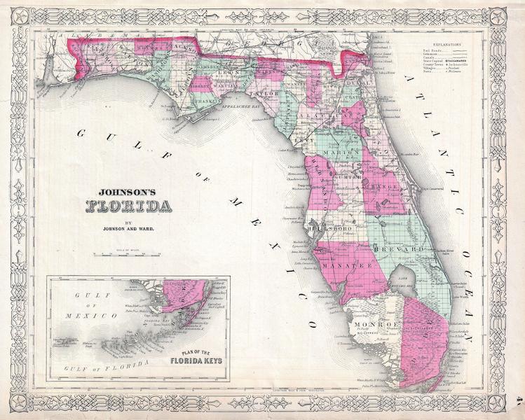 Johnson and Ward’s 1864 map of Florida, showing Volusia County, home to Daytona Beach Shores, in light pink on the upper Atlantic Coast. Beach erosion caused by hurricanes Ian and Nicole has apparently revealed a circa-1800s shipwreck in Daytona Beach Shores. Image courtesy of Wikimedia Commons, which deems it a faithful reproduction of a two-dimensional work of art in the public domain. 