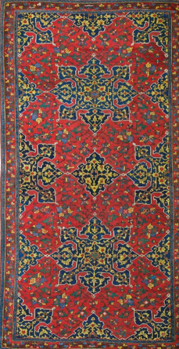 A circa-1600 Oushak rug featuring indented stars alternating with indented diamonds enclosing arabesques and a continuous floral trellis realized €150,000 (about $158,983) plus the buyer’s premium in September 2013. Image courtesy of Austria Auction Company and LiveAuctioneers