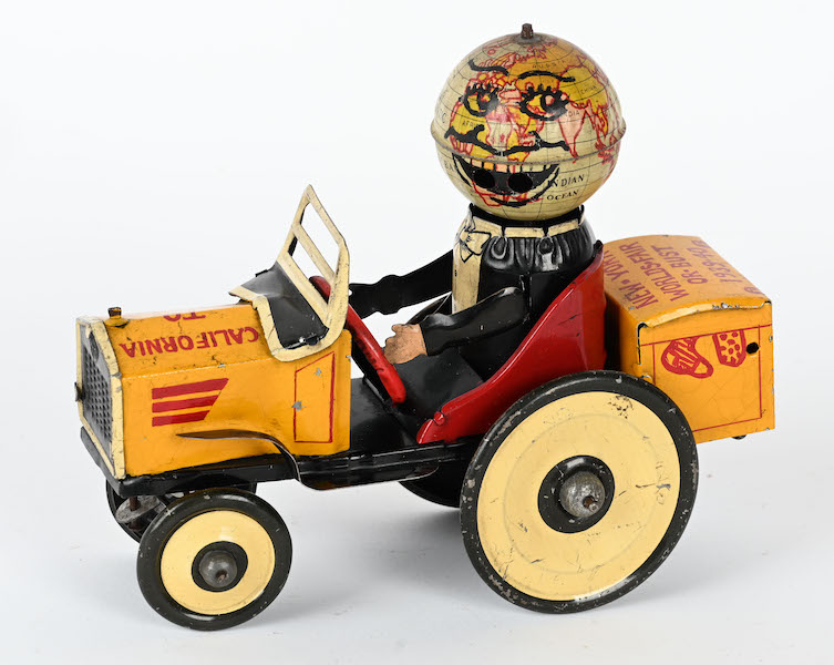 Hand-painted prototype of Marx 1939-’40 New York World’s Fair crazy car. Painted on bottom ‘9-9-38 ERIE,’ referring to the Marx toy factory location where it was produced. Sold for $7,995 against a $3,000-$5,000 estimate. Image courtesy of Milestone Auctions