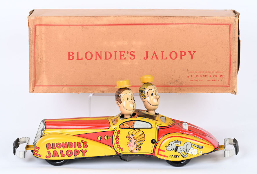 Marx 16in windup Blondie’s Jalopy character toy in exceptional all-original condition, with scarce original box and still-bagged windup key. Fantastic example. Sold above high estimate for $4,305. Image courtesy of Milestone Auctions