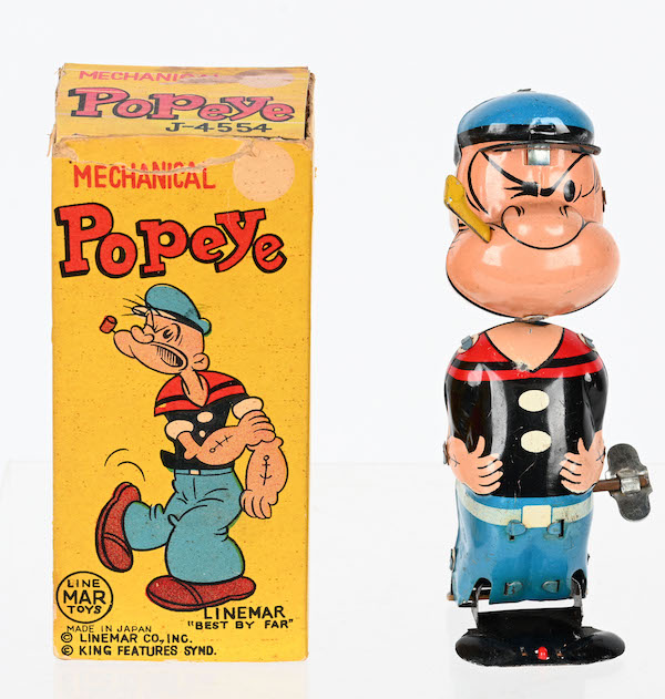 Rare Linemar 5in tin windup Mechanical Popeye nodder. All original and complete with original box. Easily surpassed high estimate at $4,428. Image courtesy of Milestone Auctions