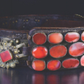 Dog collar, Indian, possibly Goan, 18th-century horsehide leather, brass mounds and agate cabochons, 11 by 3in. Gift of Dr. and Mrs. Timothy J. Greenan, 2014 National Sporting Library & Museum