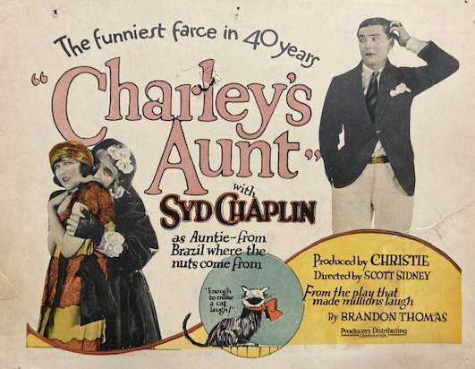 Lobby card for the 1925 silent comedy film ‘Charley’s Aunt,’ which starred Syd Chaplin, the older half-brother of Charlie Chaplin. It and more than 10,000 silent movie-era lobby cards in Dwight Cleveland’s collection are being digitized thanks to a project conducted at Dartmouth College. Courtesy of the Dwight M. Cleveland collection