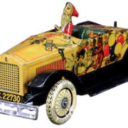 Tippco lithographed tin Santa car, 12in long. Ex Curtis and Linda Smith collection. Sold to a US buyer for a record-setting $60,000 against an estimate of $12,000-$18,000. Image courtesy of Bertoia Auctions