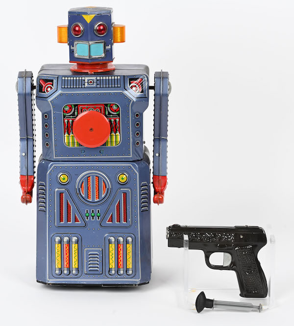 Masudaya (Japan) 15in battery-operated Target Robot from the fabled Gang of Five robot series. All original and complete, including correct dart gun with dart. Excellent condition. Sold near high estimate for $14,400. Image courtesy of Milestone Auctions