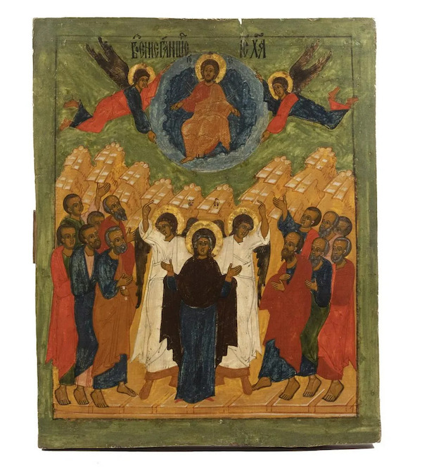 The gold halos on this circa-1600 wooden panel icon of the Virgin Mary ascending to heaven identify venerable figures for the pre-literate faithful. It achieved $42,500 plus the buyer’s premium in November 2021. Image courtesy of Thomaston Place Auction Galleries and LiveAuctioneers