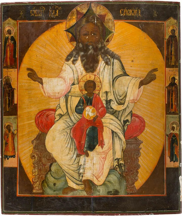 This 18th-century icon depicts God with a triangular halo and Jesus in his lap with a round halo, as well as three crosses designating them as part of the holy trinity. It sold for €2,400 (about $2,500) in November 2020. Image courtesy of Hargesheimer Kunstauktionen Duesseldorf and LiveAuctioneers