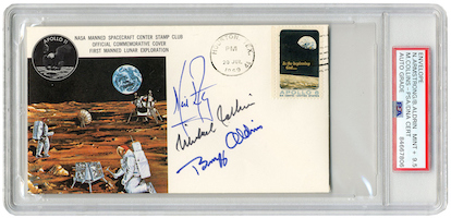 NASA Manned Spacecraft Center Stamp Club insurance cover signed by Neil Armstrong, Michael Collins and Buzz Aldrin, estimated at $8,000-$10,000