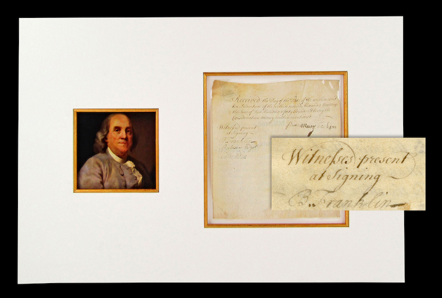 Benjamin Franklin signature rendered as a witness to a Philadelphia real estate transaction and dated May 15, 1733, one of the earliest Franklin signatures ever documented, estimated at $12,000-$15,000