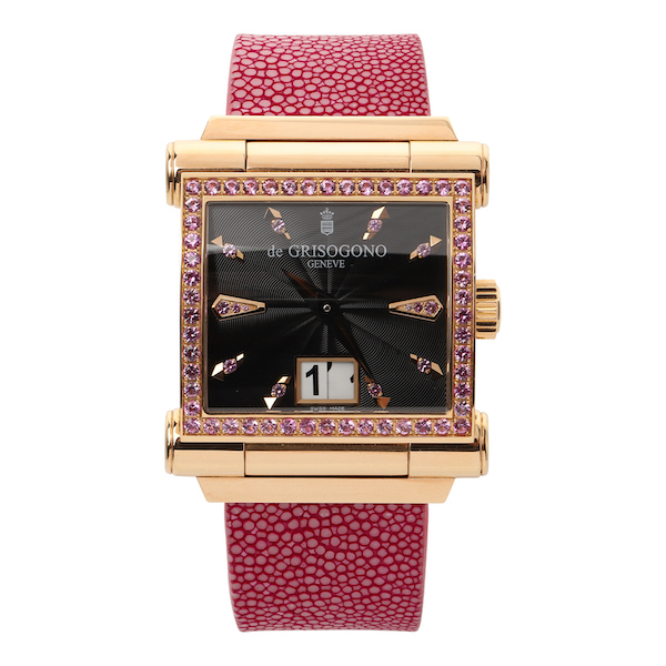 Circa-2001 De Grisogono Grande ladies’ watch with 18K rose gold case and pink sapphires, box and papers included, CA$20,060