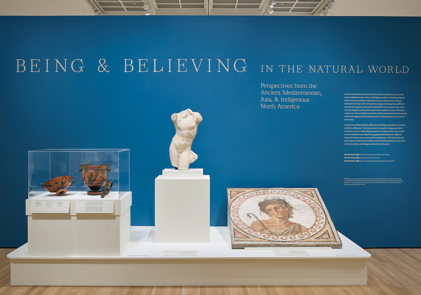 Installation view of Being and Believing in the Natural World: Perspectives from the Ancient Mediterranean, Asia, and Indigenous North America on view through May 7, 2023 at the RISD Museum. 