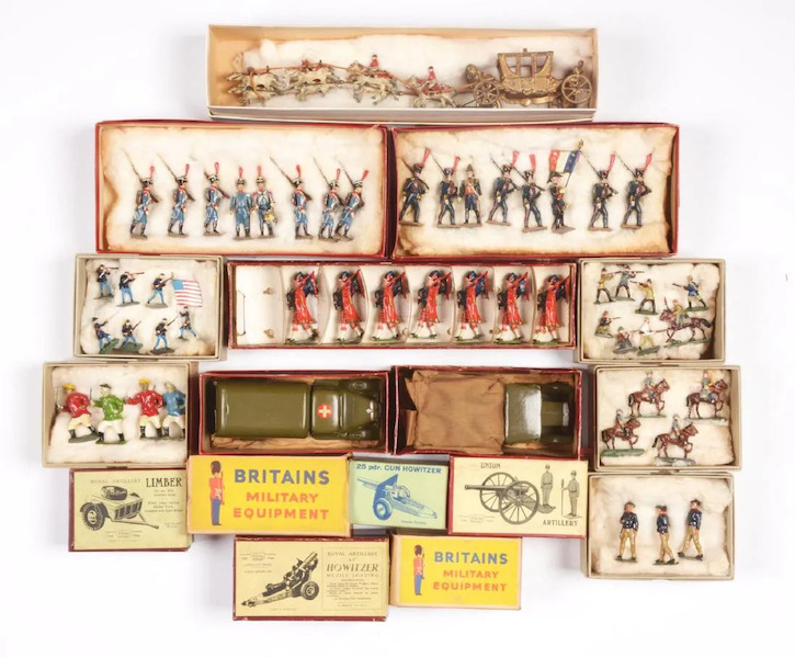 Detail from an auction lot that featured more than 200 complete sets of lead and diecast toy soldiers, mostly from Britains but some from more modern makers. It achieved $24,000 plus the buyer’s premium in March 2019. Image courtesy of Dan Morphy Auctions and LiveAuctioneers