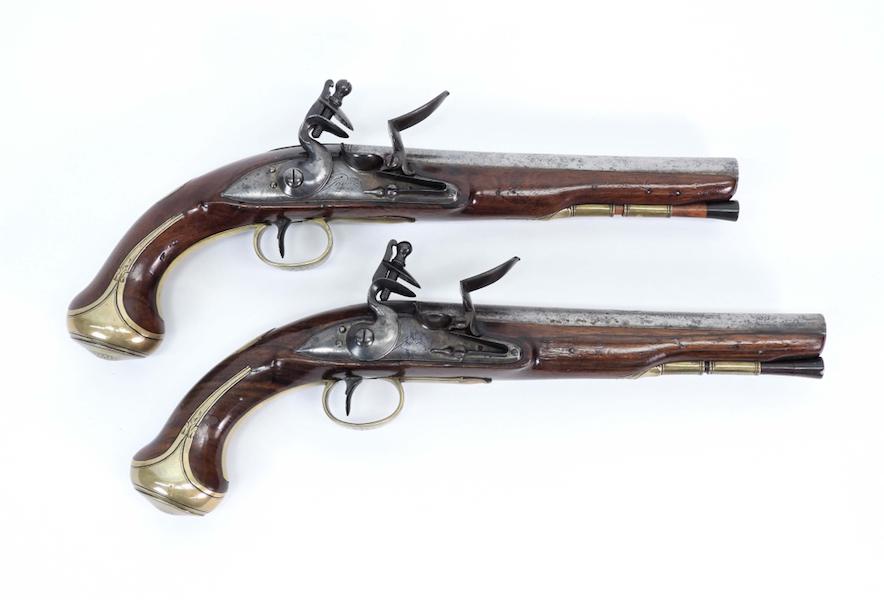 Pair of British Jover flintlock pistols from around the 1770s, estimated at $3,000-$5,000