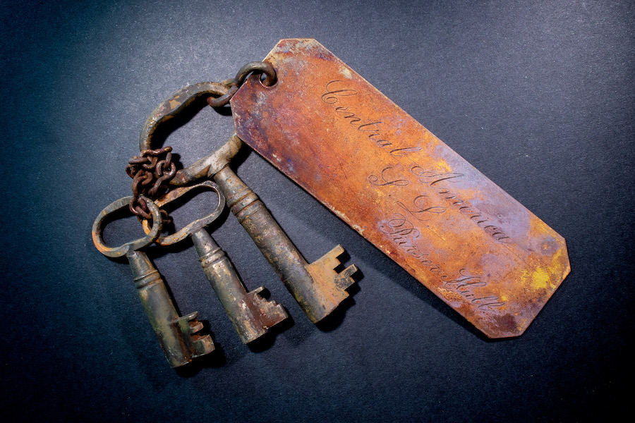 Brass name tag and keys belonging to Purser Edward W. Hull, recovered from the SS Central America, $102,300. Image courtesy of Holabird Western Americana Collections