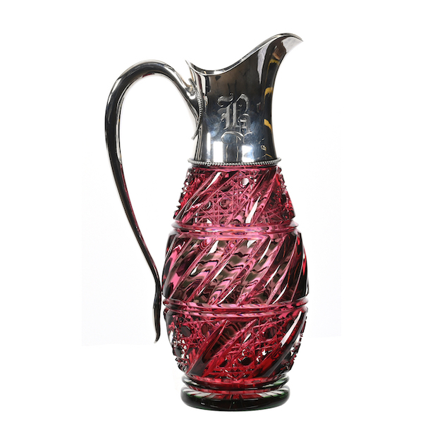 American Brilliant Cut Glass pitcher with cased cranberry/green cased overlay, sold in the Nov. 12 auction for $19,000